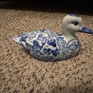 Blue and White Ceramic Duck Figurine